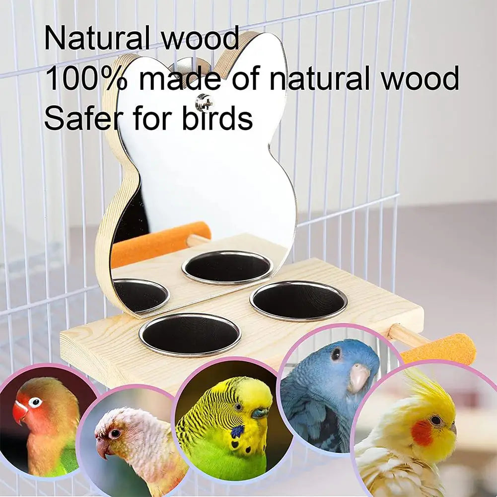 Pet Parrots Mirror With Bowl Feeder