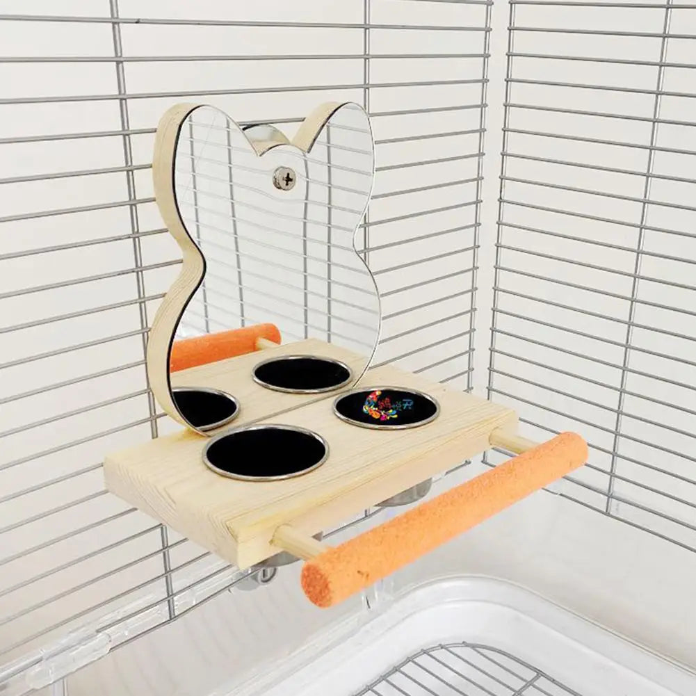 Pet Parrots Mirror With Bowl Feeder