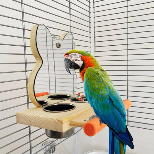 Pet Parrots Mirror With Bowl Feeder